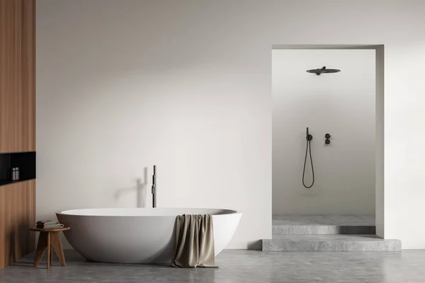 White Bathing Room Interior Tub Table Towels Douche Concrete Podium — Stock Photo, Image