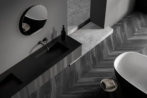 Top View Dark Bathing Room Interior Sink Mirror Tub Table —  Fotos de Stock