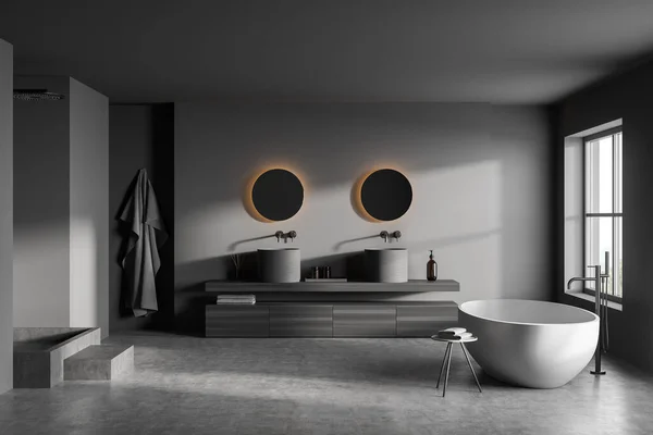 Interior Baño Oscuro Con Dos Espejos Redondos Ventana Con Vista — Foto de Stock