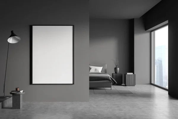 Boş Beyaz Poster Yatak Odası Sehpa Panoramik Pencere Beton Zemin — Stok fotoğraf