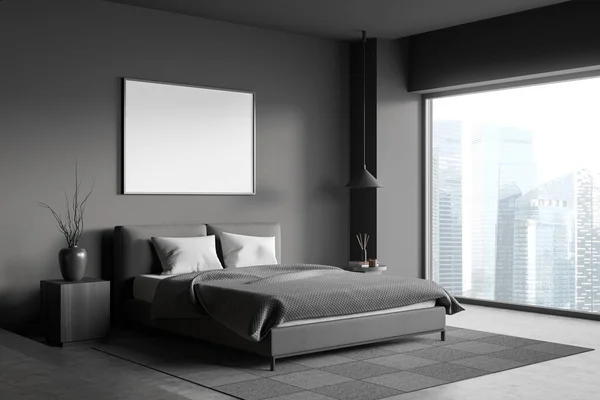 Corner View Dark Bedroom Interior Empty White Poster Bed Panoramic — Stockfoto