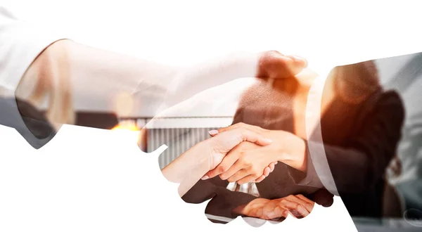 Businesswomen Formal Wear Shake Hands Sitting Office Room Double Exposure — Stockfoto