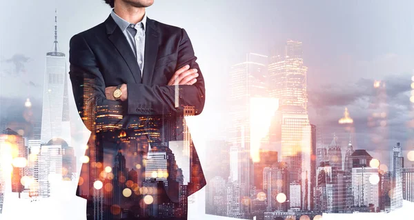 Man Manager Business Suit Arms Crossed Double Exposure Office Buildings — Stockfoto
