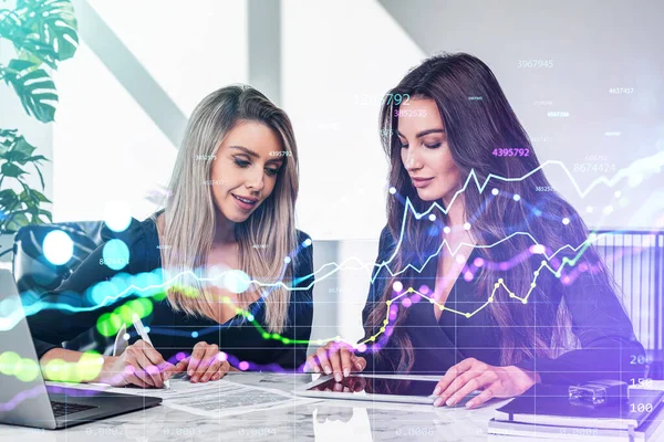 Two Office Woman Device Typing Screen Double Exposure Stock Market — Photo