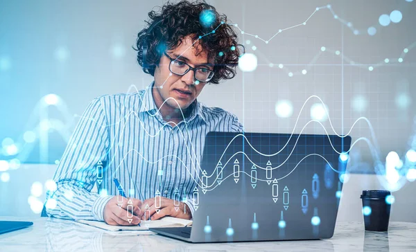 Office Man Writing Papers Double Exposure Blue Rising Lines Candlestick —  Fotos de Stock