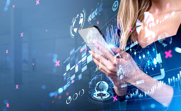 Businesswoman using smartphone, double exposure hud with financial app and data storage. Forex stock market hologram and economic icons. Concept of mobile app and finance