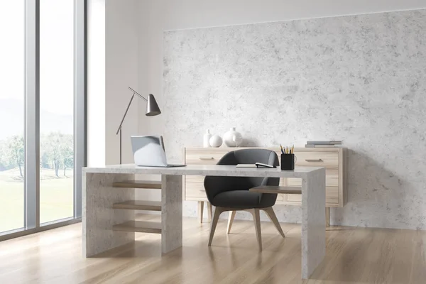 Light grey CEO office interior design with personal desk, armchair, sideboard next to concrete wall and wood look flooring. Concept of workspace. 3d rendering