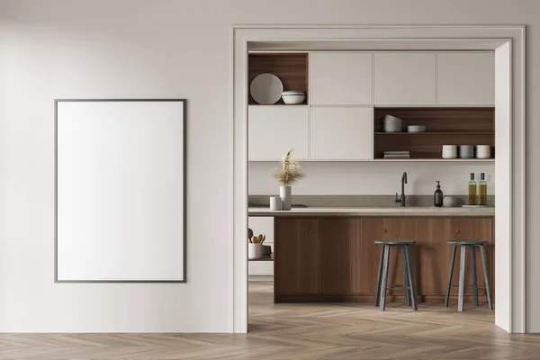 Intérieur Salle Cuisine Blanche Bois Avec Étagères Ustensiles Cuisine Sur — Photo