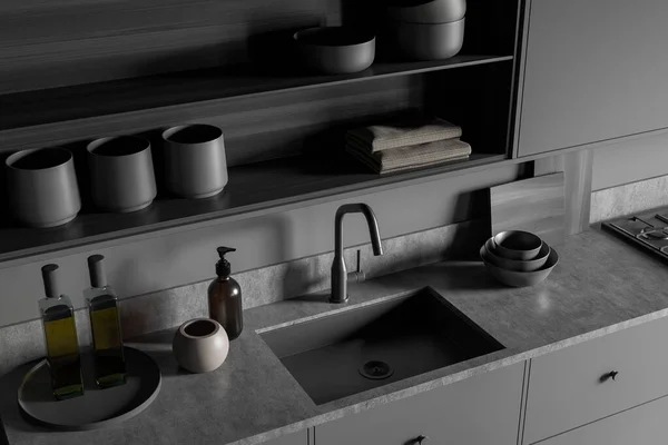 Top View Grey Cooking Room Interior Wit Sink Appliances Rack — Zdjęcie stockowe