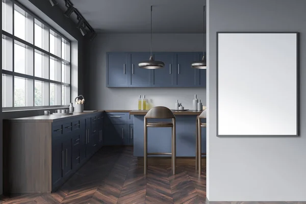 Leere Leinwand Grauer Wand Und Blauer Küchenecke Mit Fenster Über — Stockfoto