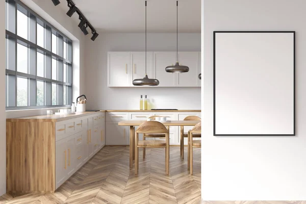 Kanvas Kosong Dinding Putih Dan Interior Sudut Dapur Dengan Jendela — Stok Foto