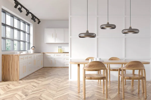 White Dining Room Wooden Table Pendant Lamps Parquet Floor Kitchen — Zdjęcie stockowe