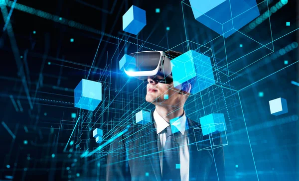 Boss Businessman Glasses Headset Digital Hologram Blocks Metaverse Virtual Reality — Stock Fotó