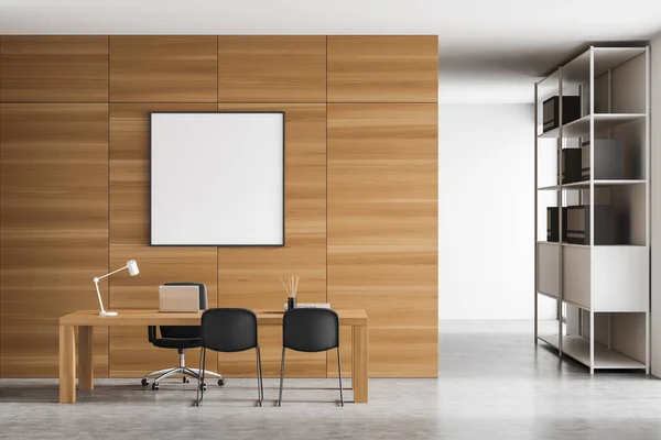 Square Canvas Wood Wall White Grey Manager Office Having Shelving — 图库照片