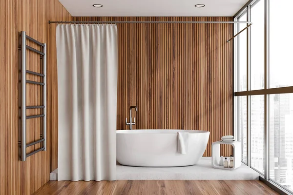 Bright Bathroom Interior Bathtub Panoramic Window City View Wooden Walls — Fotografia de Stock