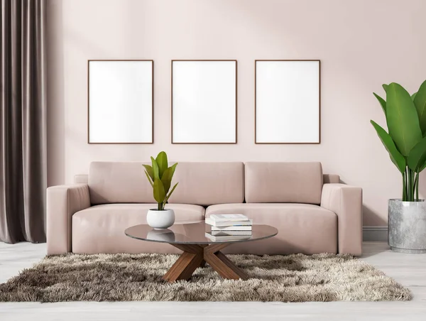 Bright Gallery Room Interior Three Empty White Posters Pink Comfortable — 스톡 사진