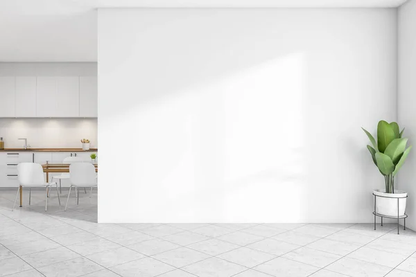 Luminoso Interior Cocina Con Pared Blanca Vacía Mesa Comedor Con — Foto de Stock