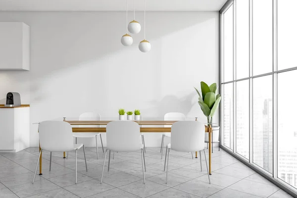 Bright Kitchen Room Interior Empty White Wall Panoramic Window Dining — Fotografia de Stock