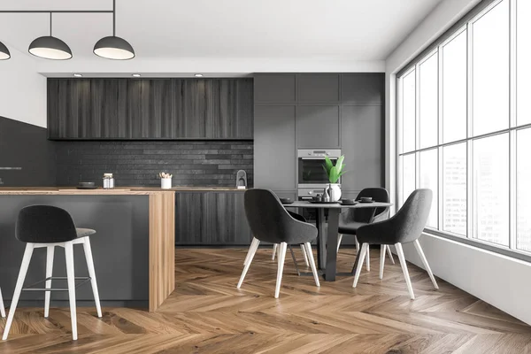 Modern Cooking Interior Black Chairs Table Parquet Floor Oven Kitchenware — Stockfoto