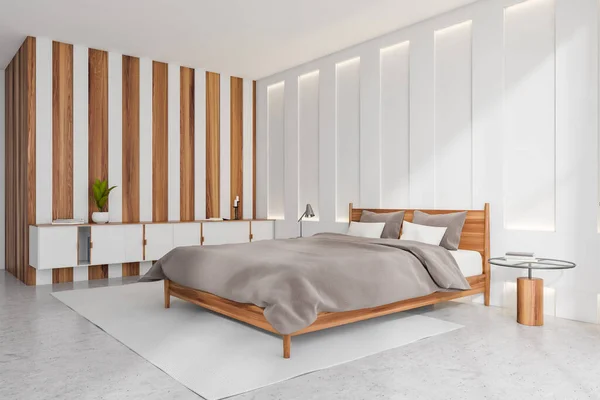 轻便的卧室内部 床与灰色亚麻布和枕头 侧视图 舒适与装饰和植物 床头柜 灰色混凝土地板上的书 3D渲染 — 图库照片
