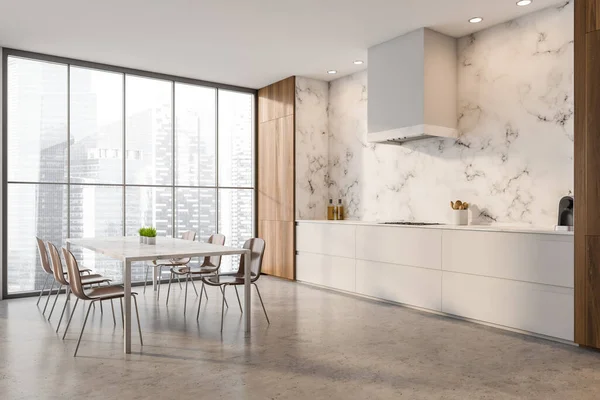 Helle Kücheneinrichtung Mit Panoramafenster Elektroherd Tisch Mit Stuhl Weißer Marmorwand — Stockfoto