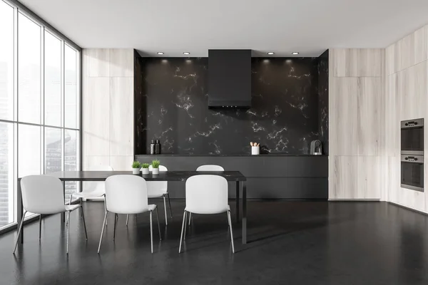 パノラマの窓 電気炊飯器 椅子付きのテーブル 黒い大理石の壁とコンクリートの床と暗いキッチンルームのインテリア ミニマルデザインのコンセプト 創造的なアイデアのための空のスペース 3Dレンダリング — ストック写真