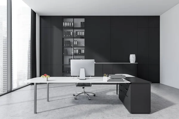 Black White Office Room Interior Armchair Desk Computer Shelf Folders — Photo