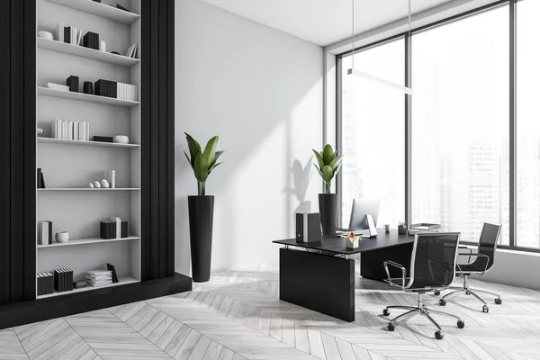 Consulting Room Interior Black Seats Shelf Decoration White Parquet Floor — Stockfoto
