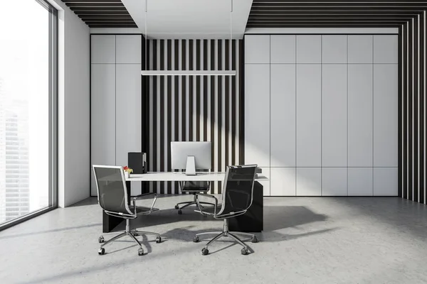 White Office Interior Manager Desk Seats Visitors Minimalist Style Cabinets — стоковое фото