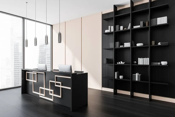 Dark Reception Room Interior Two Computers Side View Shelf Decoration — Fotografia de Stock