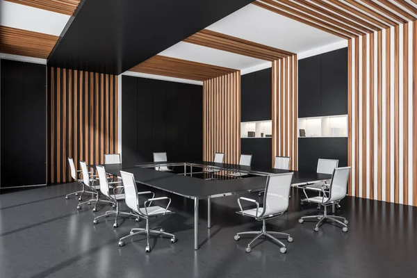 Corner View Elegant Dark Grey Conference Room Interior Shape Table — Stockfoto
