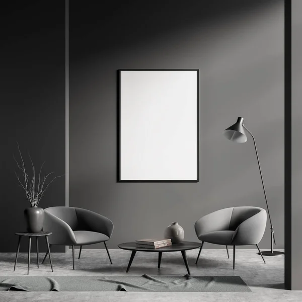 Dark Living Room Interior Empty White Poster Two Comfortable Grey — Foto de Stock