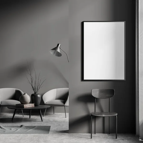 Interior Ruang Tamu Gelap Dengan Poster Putih Kosong Dua Kursi — Stok Foto