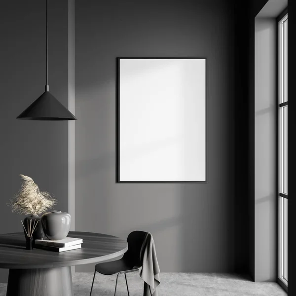 Dark Living Room Interior Empty White Poster Panoramic Window Grey — Stockfoto