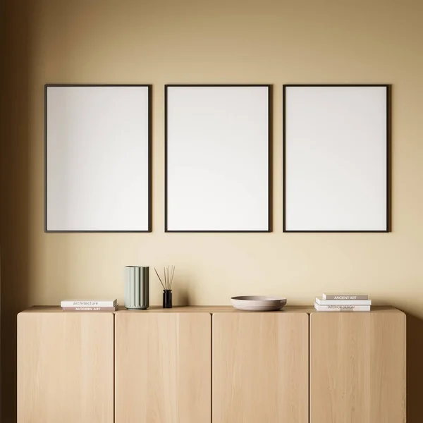 Three Empty Canvases Yellow Wall Modern Living Room Sideboard Books — Stockfoto
