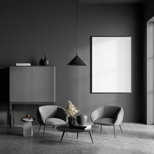 Dark Living Room Interior Empty White Poster Grey Armchairs Cupboard — Stockfoto