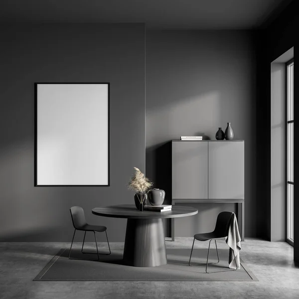 Dark Living Room Interior Empty White Poster Panoramic Window Two — Stock Fotó