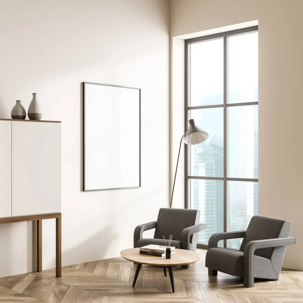 Bright Living Room Interior Empty White Poster Panoramic Window Grey — Foto de Stock