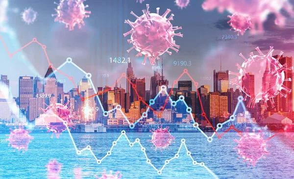 New Yorks Skyskrapor Och Sars Cov Coronavirus Variant Omicron Finansiellt — Stockfoto