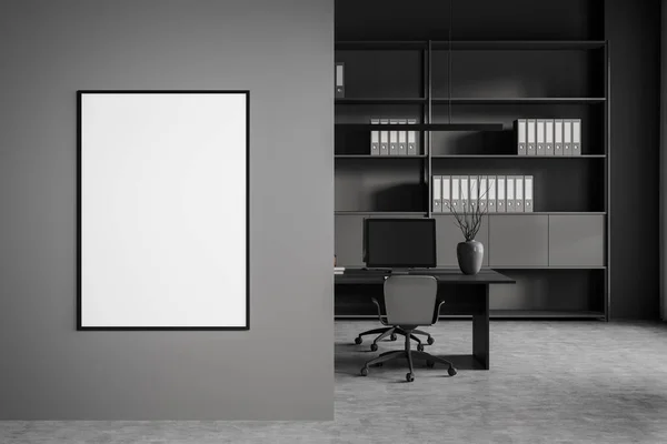 Dark Office Room Interior Empty White Poster Shelves Folders Armchair — Stock Fotó