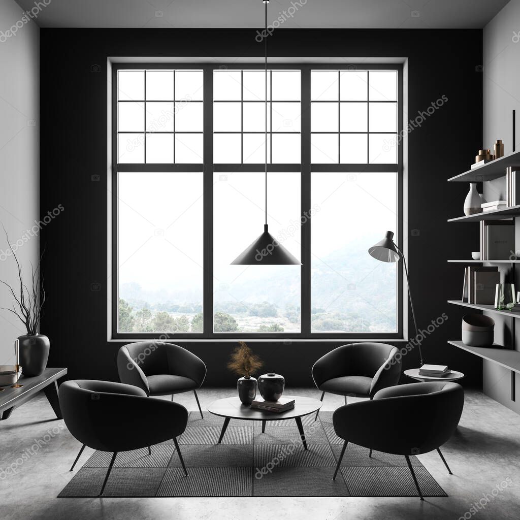 Dark reading room interior with four seats and coffee table with decoration, carpet and grey concrete floor, panoramic window on countryside. Shelf rack with books, 3D rendering