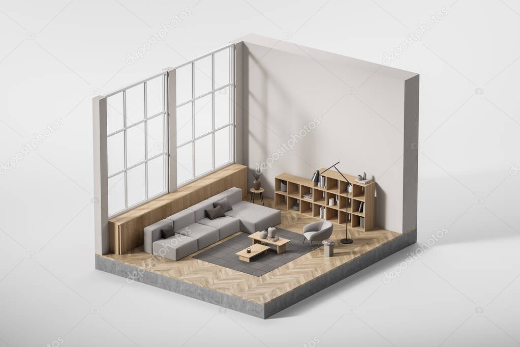 Isometric top view of lounge interior with couch and seat near panoramic window, coffee table on carpet, parquet floor, bookshelf. Copy space empty wall, 3D rendering
