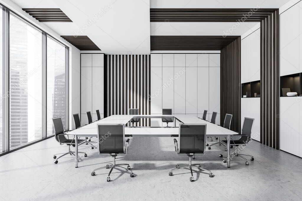 Minimalist white conference room interior with o shape table, twelve office chairs, niche shelves, wood panels, windows with cityscape view and concrete floor. Concept of modern design. 3d rendering