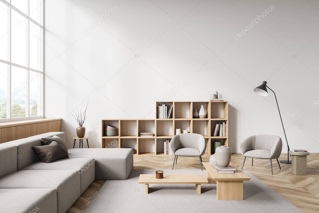 Stylish lounge interior with two seats and couch near panoramic window with countryside, coffee table on carpet, parquet floor, lamp and bookshelf. Copy space empty wall, 3D rendering
