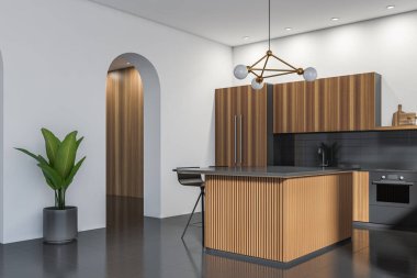 Koyu fayanslı döşemeli masa ve koltuklu şık bir yemek odası, yan manzara, saksı ve salonun kapısı. Ahşap mutfak seti ve aletler. 3B görüntüleme