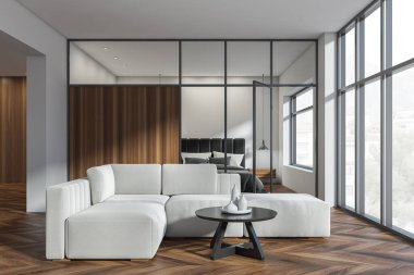 Parlak yatak odası ve oturma odası içinde yatak, kanepe, panoramik pencere, cam bölme, beyaz duvarlar ve meşe ağacından parke zemin. Çağdaş daire tasarımı kavramı. 3d oluşturma