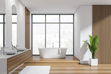 Küvetli parlak banyo, panoramik pencere şehir manzaralı, beyaz duvarlar, oval aynalar, lavabo, ev bitkisi, meşe ağacından zemin ve havlu. Hijyenik ve spa prosedürleri kavramı. 3d oluşturma