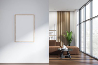 Parlak oturma odası içi boş beyaz poster, kanepe, panoramik pencere, kemer, sehpa, raflar, beyaz duvarlar ve meşe ağacından zemin. Çağdaş daire tasarımı kavramı. 3d oluşturma