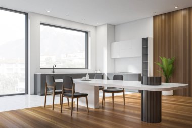 Parke zemininde sandalyeler ve masa olan modern yemek odaları, kırsal alanlı panoramik pencereler. Beyaz ve ahşap mutfak seti ve minimalist mobilyalar. 3B görüntüleme