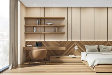 Ahşap otel içi yatak, iş yeri, dizüstü bilgisayar ve kitaplarla dolu raf. Perdeli panoramik pencere, parke zemin. Dairede uyku odası, 3 boyutlu görüntüleme.